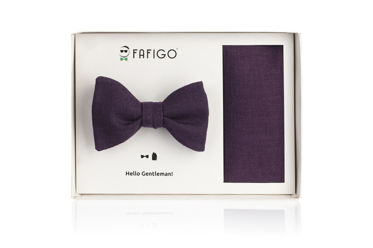 Lila Fliege Einstecktuch Set aus Leinen in Aubergine Bosco FAFIGO