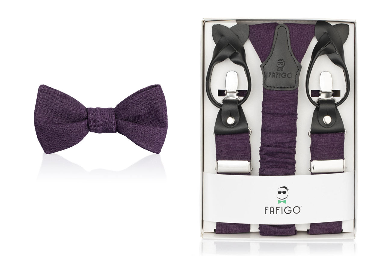 Lila Set Fliege Hosenträger in Aubergine aus Leinen Bosco FAFIGO