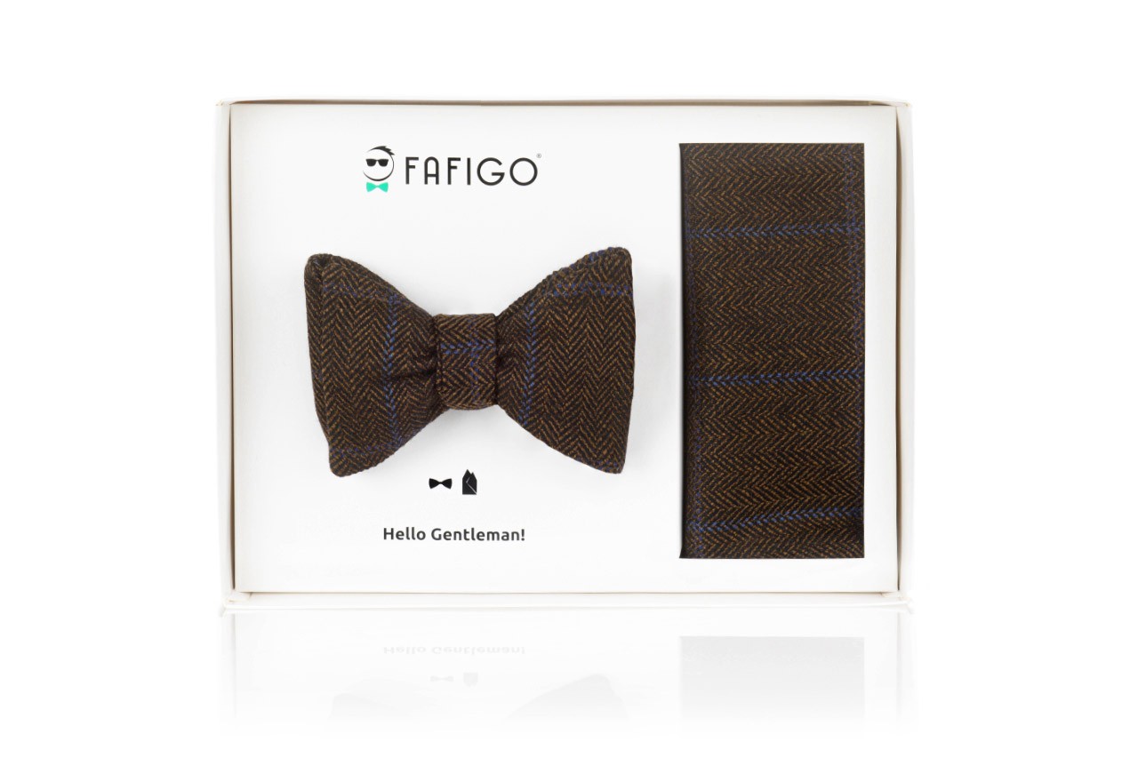 "Jacopo", dunkelbraunes Tweed Fliege + Einstecktuch Set günstig online kaufen